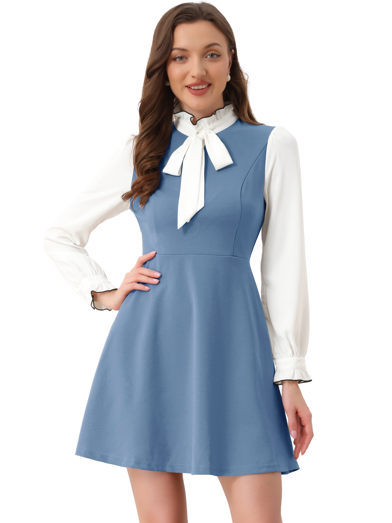 DARING DIVA Women's Tie Neck Vintage Long Sleeve Contrast Color Dress M Blue Gray