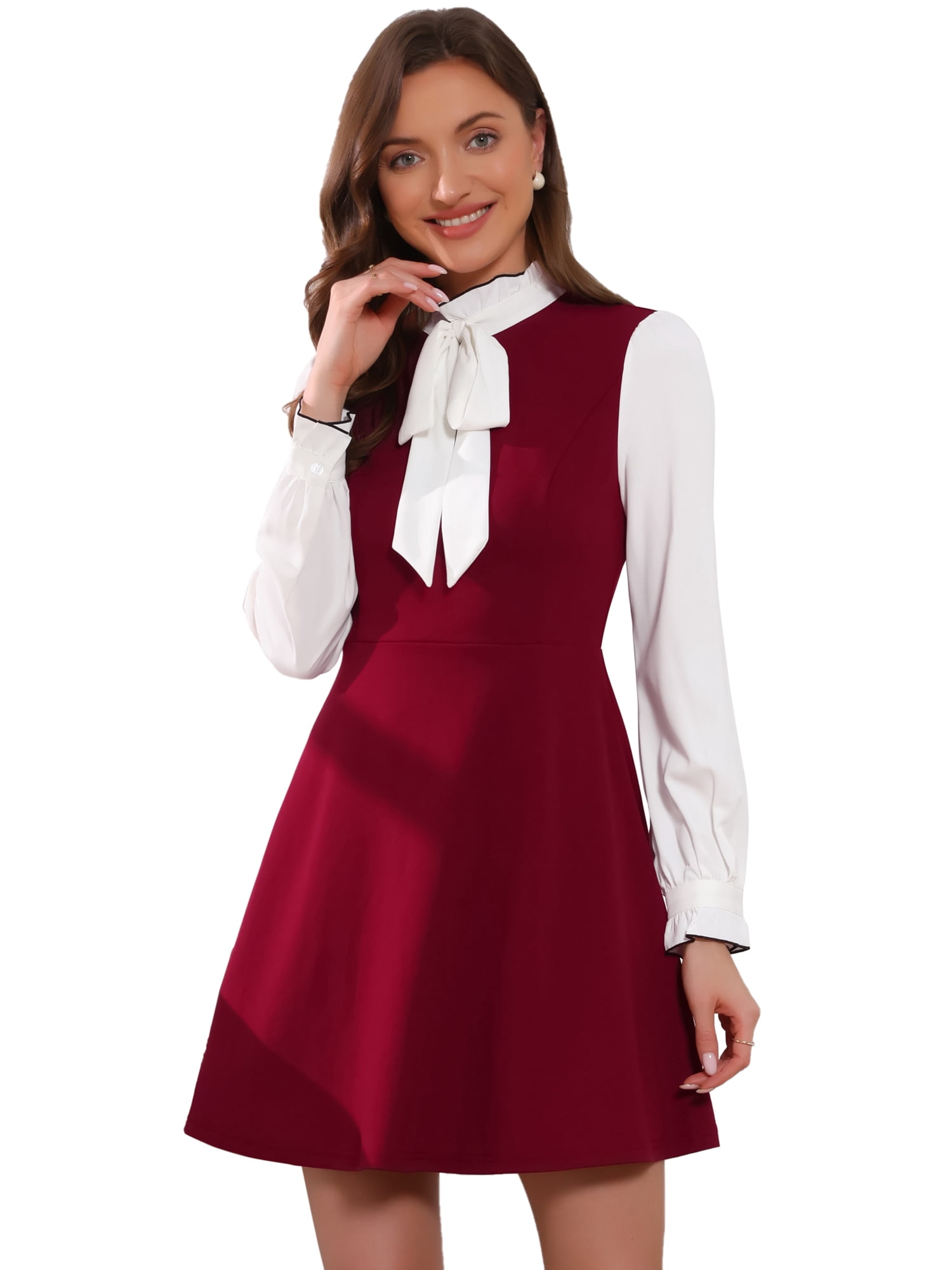DARING DIVA Women's Tie Neck Vintage Long Sleeve Contrast Color Dress S Burgundy