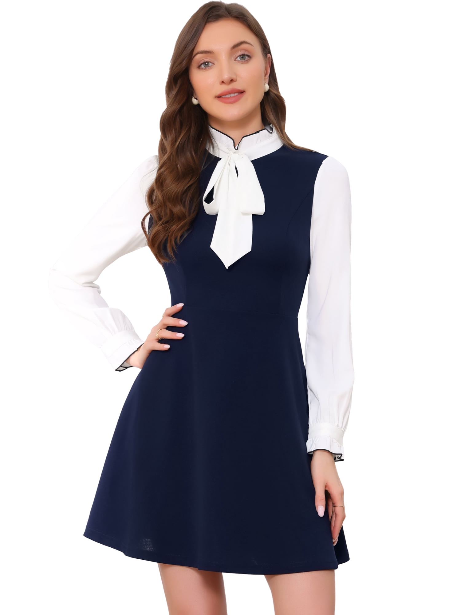 DARING DIVA Women's Tie Neck Vintage Long Sleeve Contrast Color Dress S Dark Blue