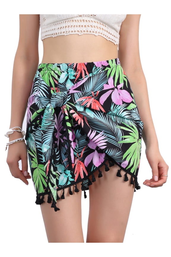 Women's Tie Side Knot Tassel Slit Beach Mini Skirt L Black