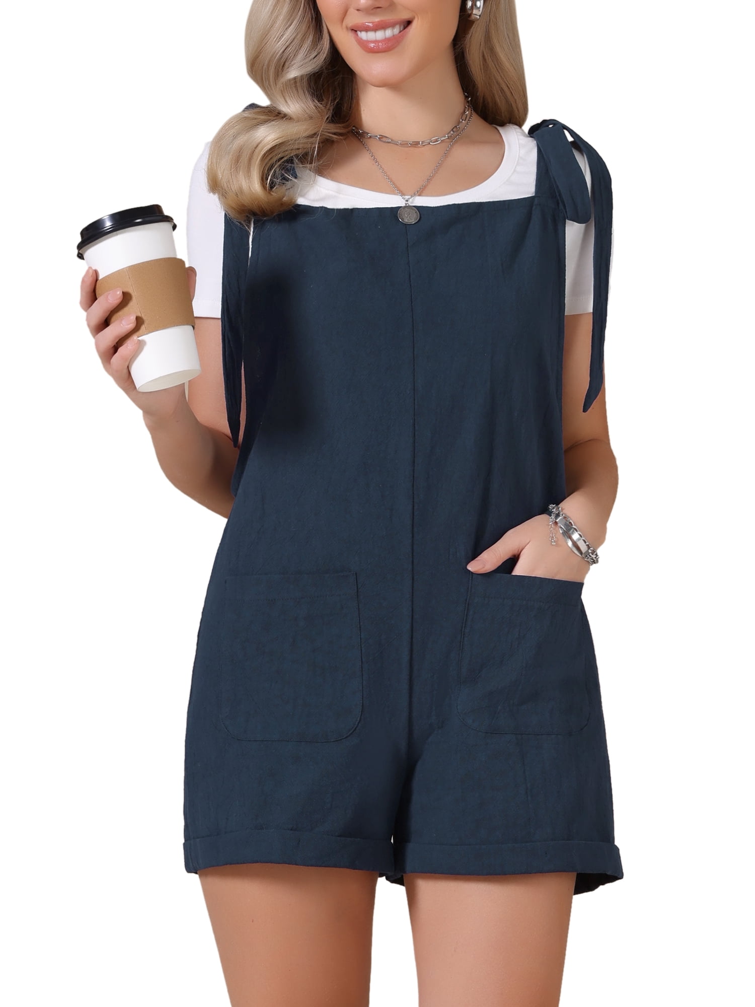 DARING DIVA Women's Tie Strap Casual Sleeveless Romper Medium Navy Blue