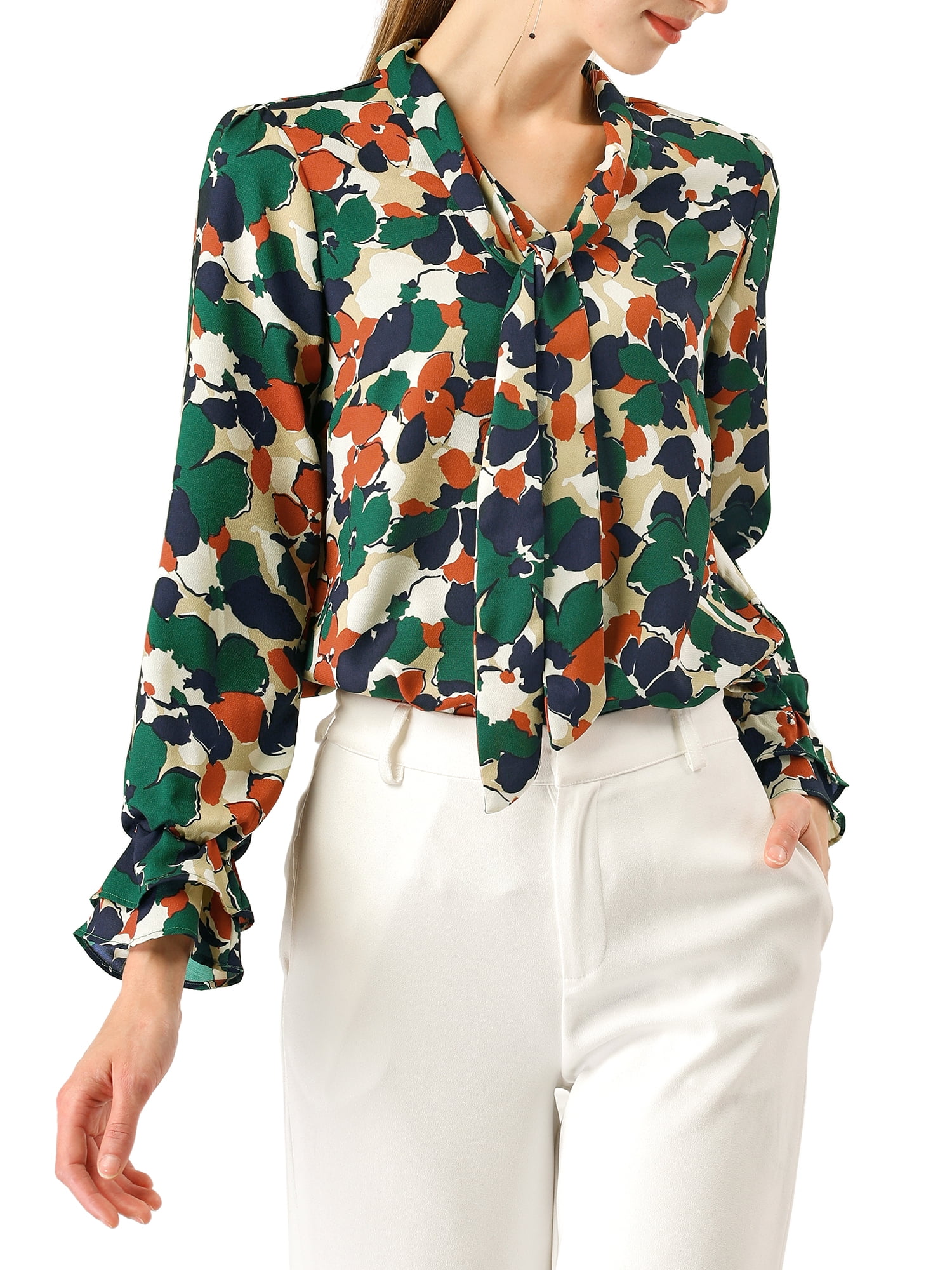 DARING DIVA Women's Tie V Neck Floral Shirt Trumpet Blouse L Green