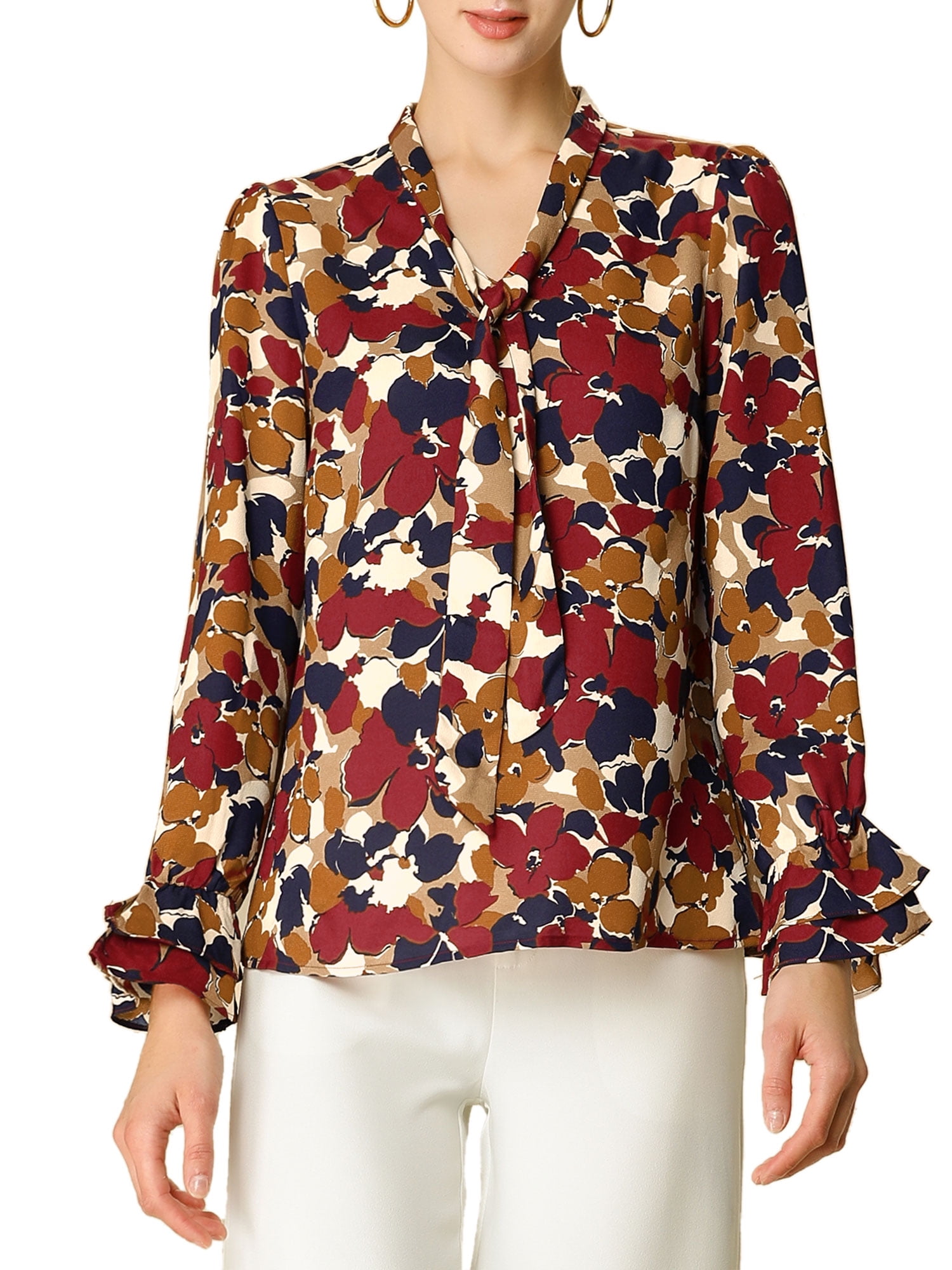 DARING DIVA Women's Tie V Neck Floral Shirt Trumpet Blouse L Red