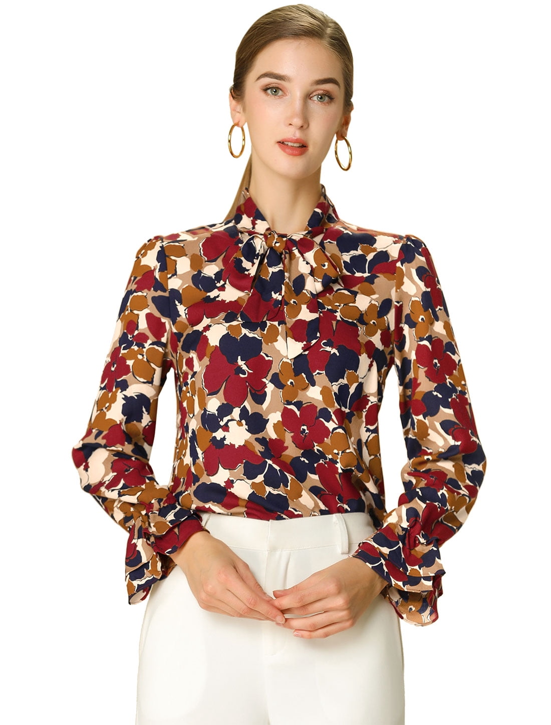 DARING DIVA Women's Tie V Neck Floral Shirt Trumpet Blouse S Red