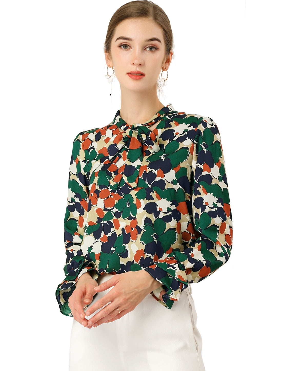 DARING DIVA Women's Tie V Neck Floral Shirt Trumpet Blouse XS Green