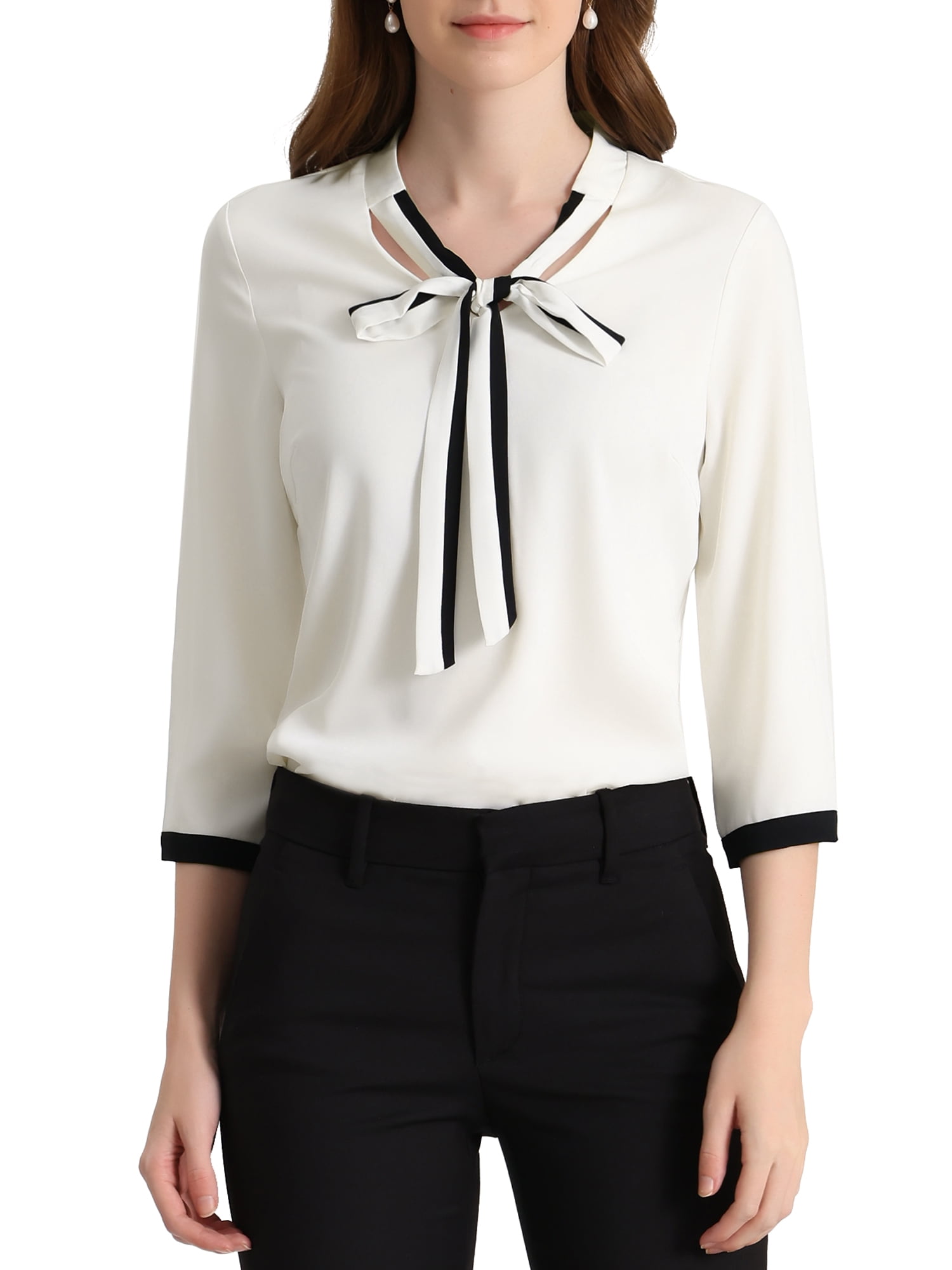 DARING DIVA Women's Tie V Neck Half Sleeve Button Cuffs Shirt White S