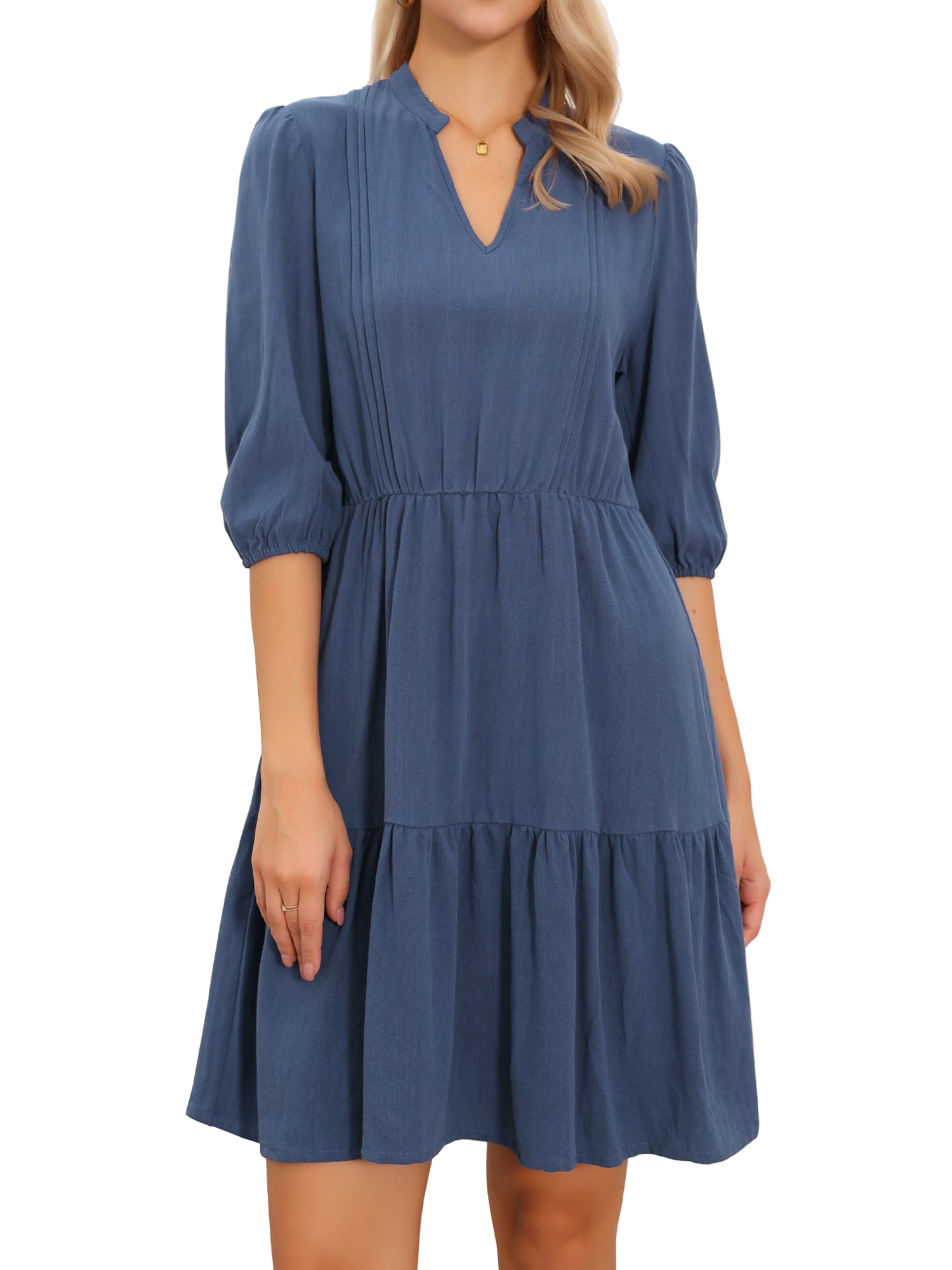 DARING DIVA Women's Tiered Dress A Line V Neck Flowy Ruffle Linen Dresses L Navy Blue