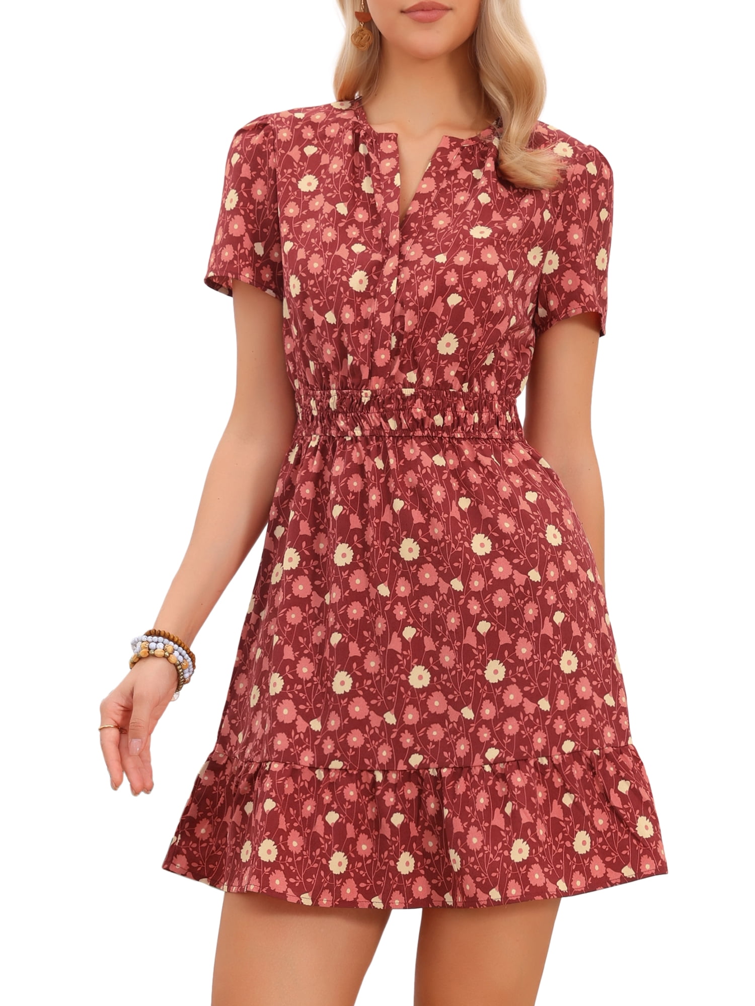DARING DIVA Women's Tiered Dress V Neck Tent Smocked Waist Floral Dresses S Dark Red