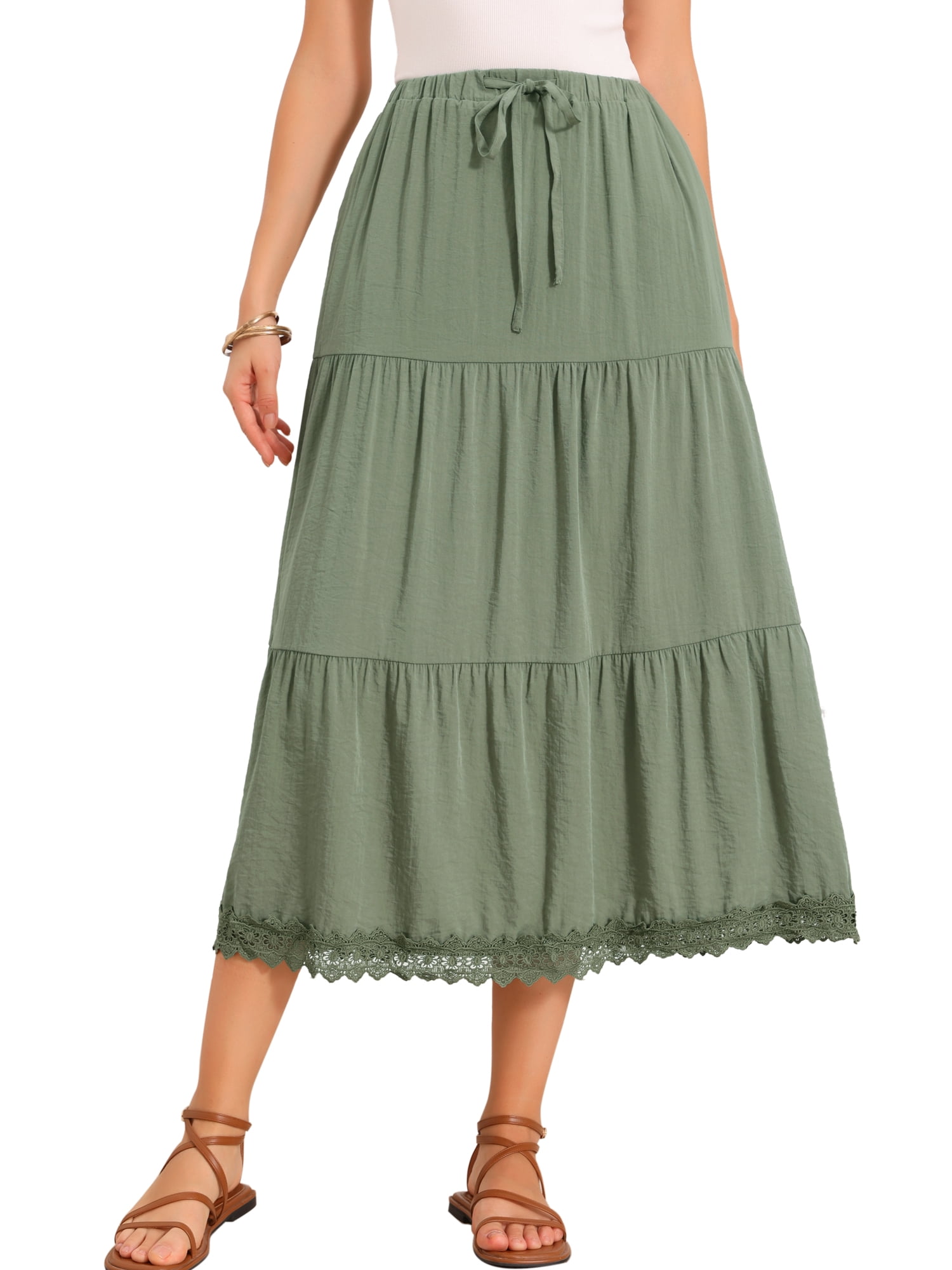 DARING DIVA Women's Tiered Elastic A-Line Beach Long Skirts Small Gray Green