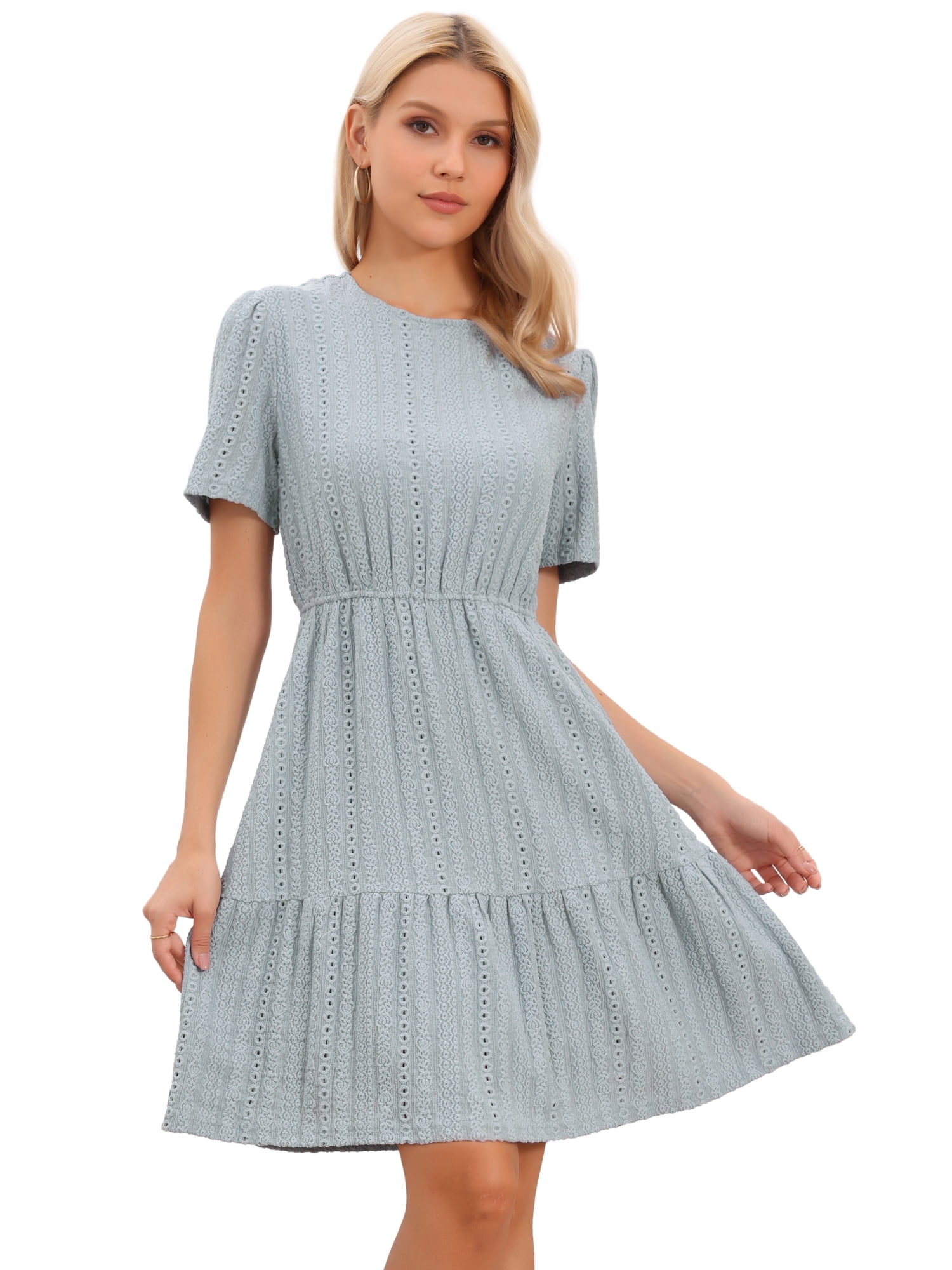DARING DIVA Women's Tiered Flare Crew Neck Mini Crochet Short Sleeve Flowy Dresses S Blue