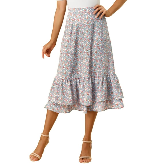 DARING DIVA Women's Tiered Ruffle Hem Midi Skirt XS Blue Grey-Floral