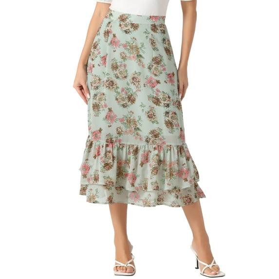 DARING DIVA Women's Tiered Ruffle Hem Midi Skirt XS Light Green-Floral