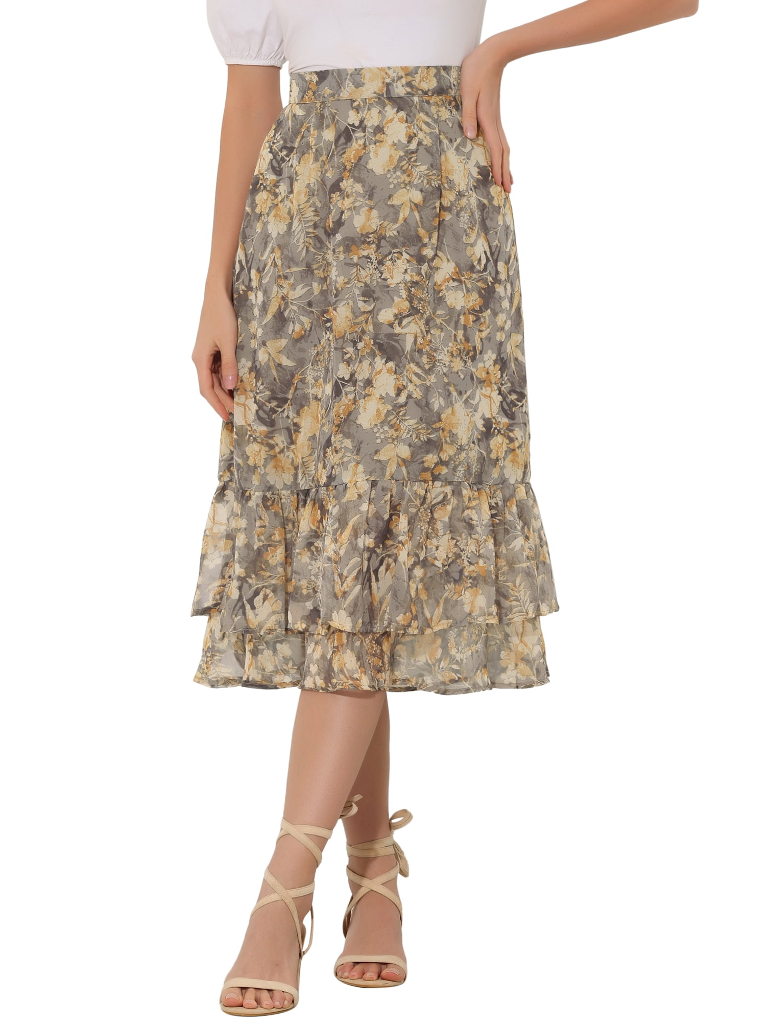 DARING DIVA Women's Tiered Ruffle Hem Midi Skirt XS Light Grey-Floral