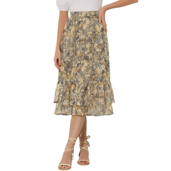 DARING DIVA Women's Tiered Ruffle Hem Midi Skirt XS Light Grey-Floral