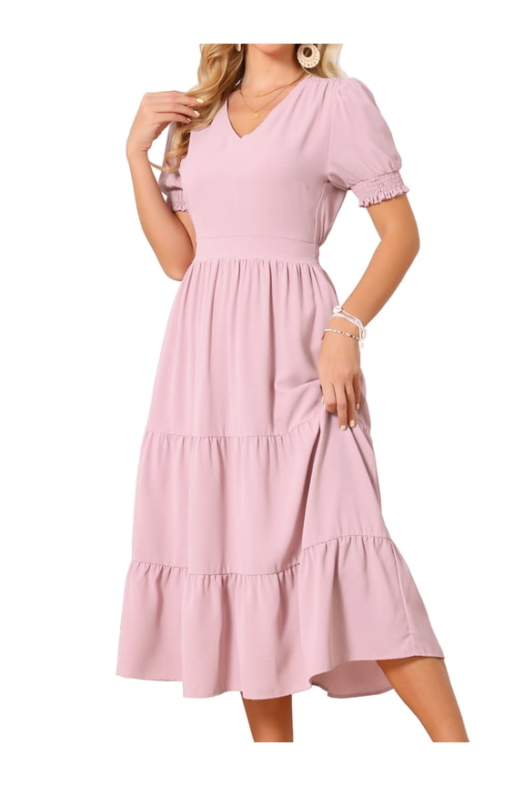 Women's Tiered Smocked Short Sleeve A-Line V Neck Ruffle Flowy Dress L Pink