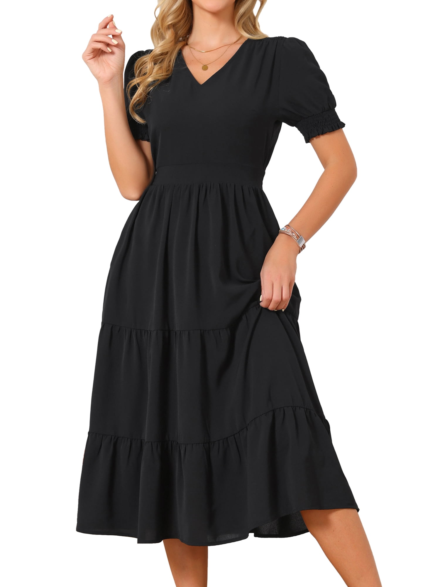 DARING DIVA Women's Tiered Smocked Short Sleeve A-Line V Neck Ruffle Flowy Dress M Black