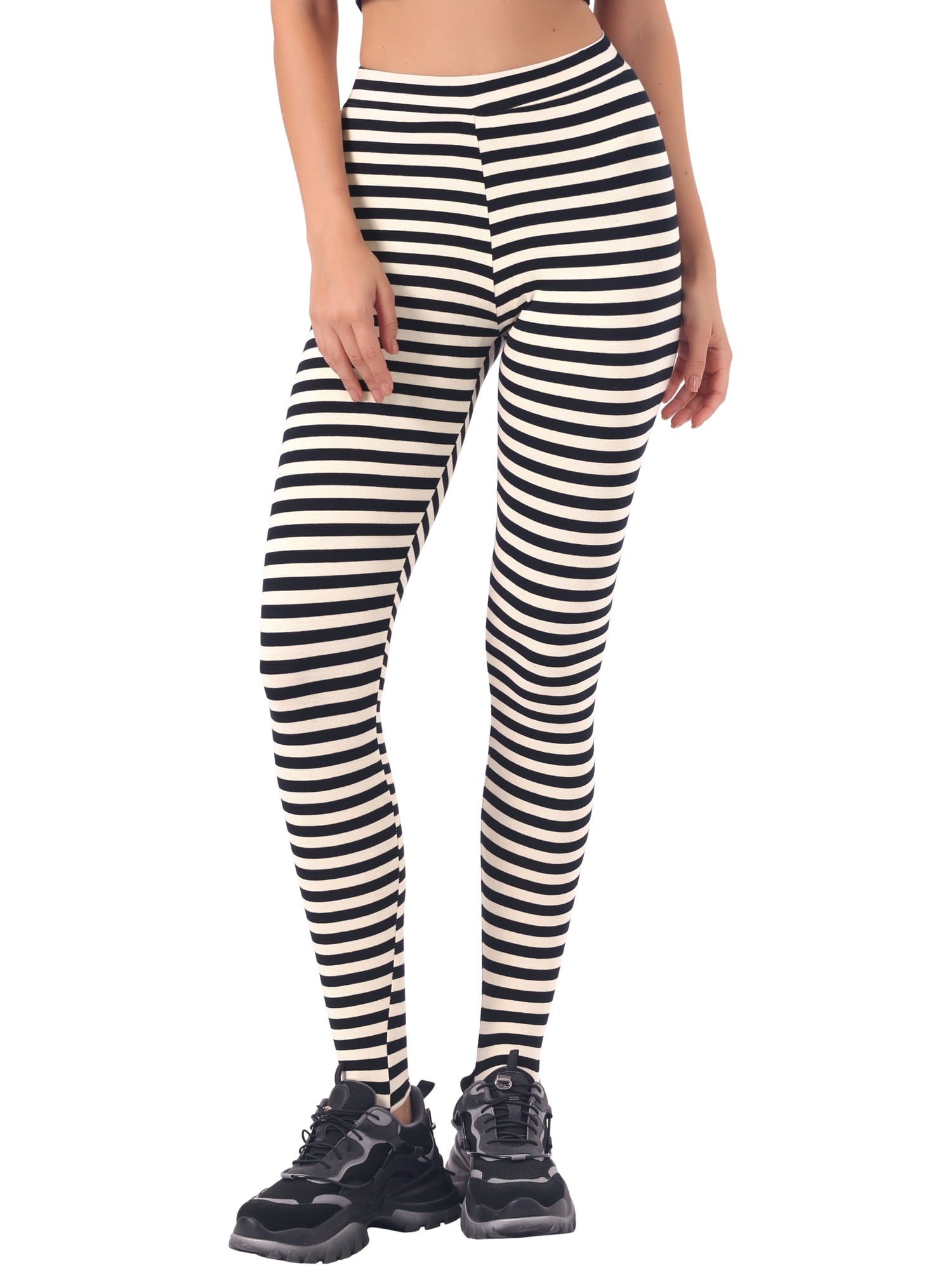 DARING DIVA Women's Tights High Waist Elastic Waistband Pants M Black Beige-Stripe