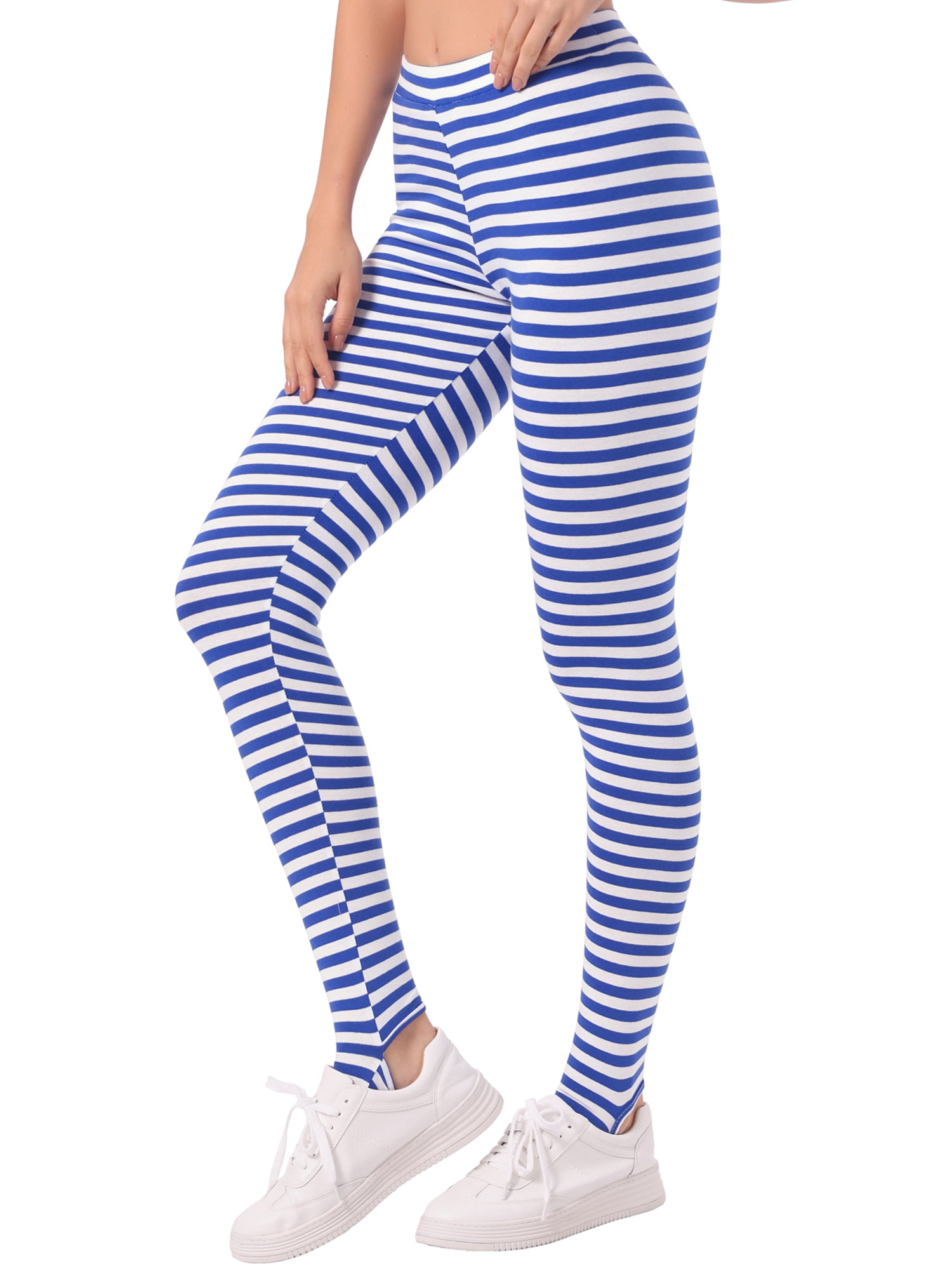 DARING DIVA Women's Tights High Waist Elastic Waistband Pants S White Royal Blue-Stripe