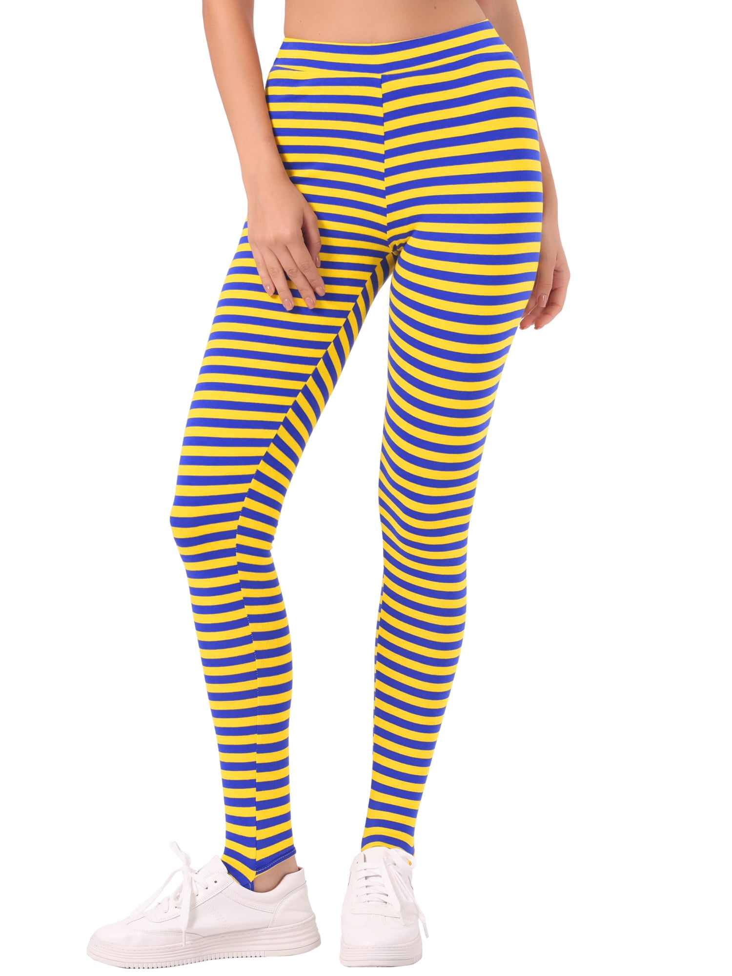 DARING DIVA Women's Tights High Waist Elastic Waistband Pants S Yellow Blue-Stripe