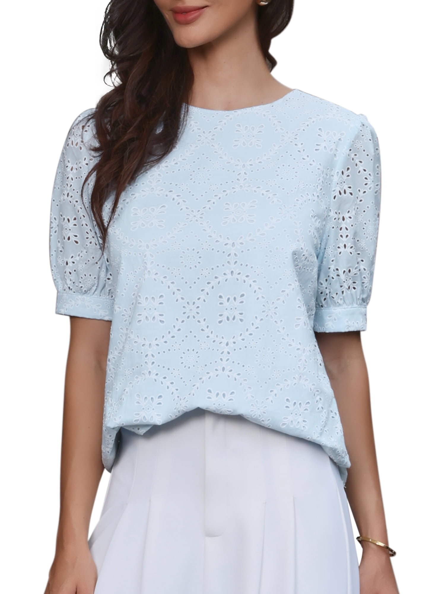 DARING DIVA Women's Tops Puff Short Sleeve Crew Neck Eyelet Hollow Out Shirts S Blue