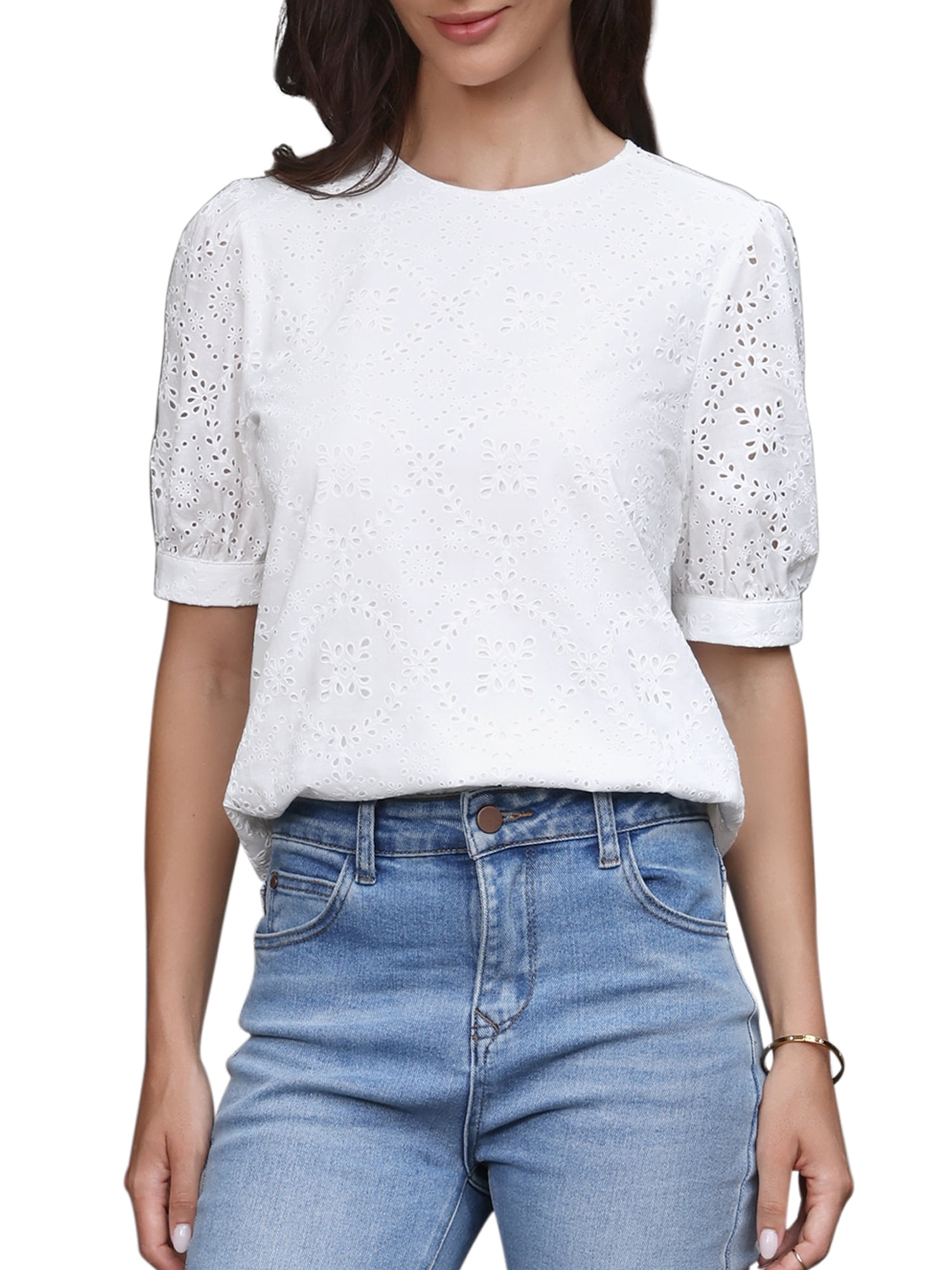 DARING DIVA Women's Tops Puff Short Sleeve Crew Neck Eyelet Hollow Out Shirts XS White