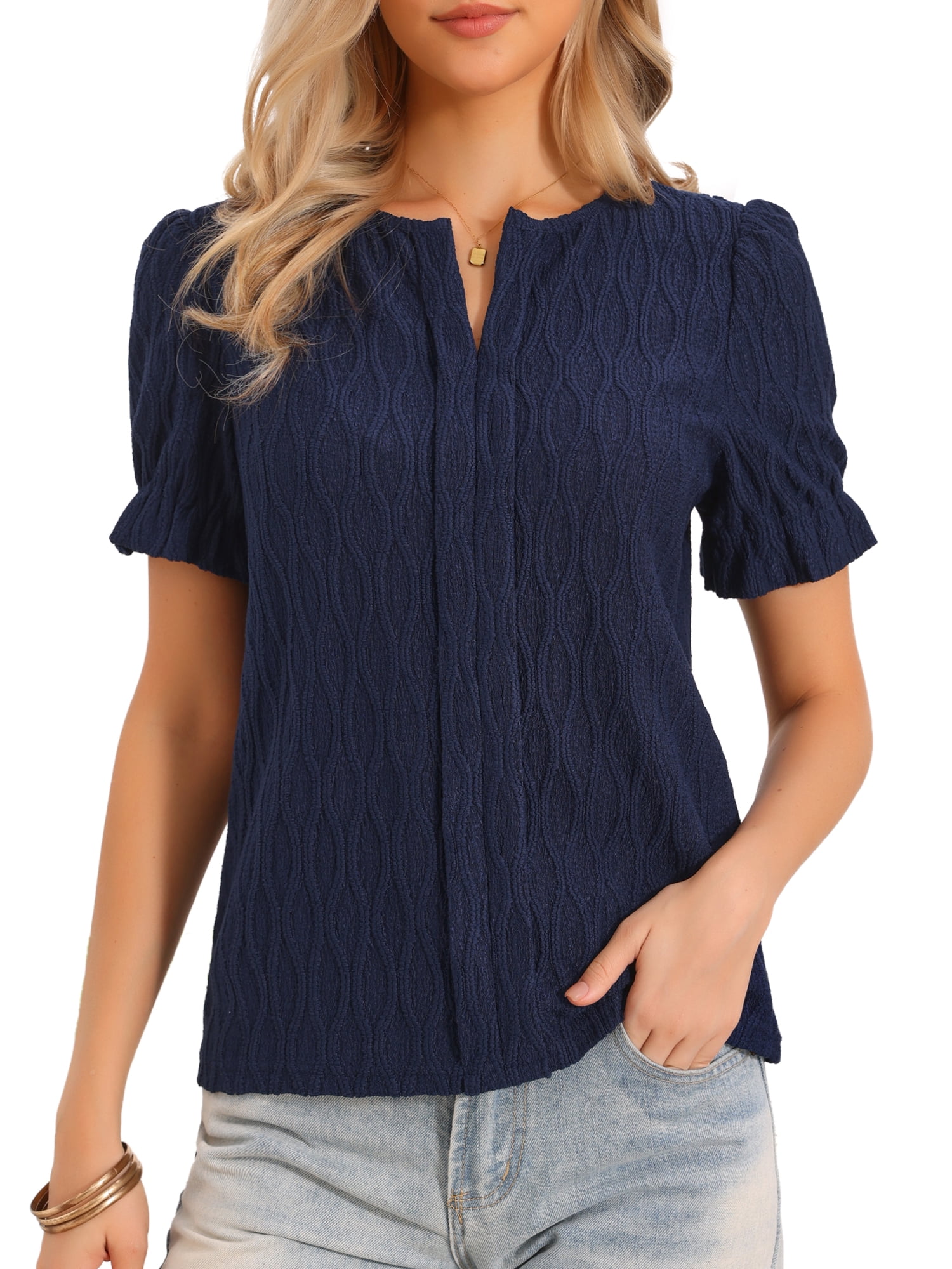 DARING DIVA Women's Tops Short Puff Sleeve V Neck Blouse Textured Outfits XS Navy Blue