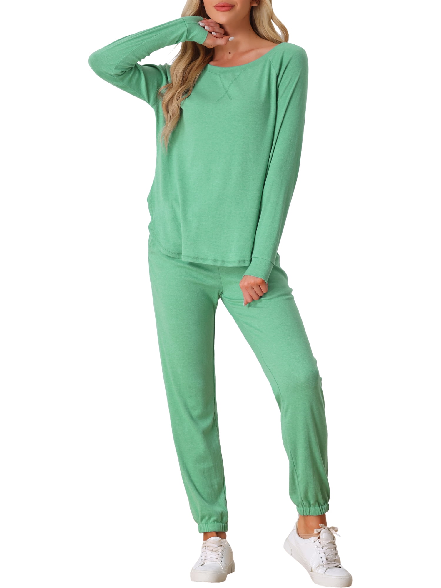 DARING DIVA Women's Travel Outfit Knit Long Sleeve Loungewear Set L Light Green