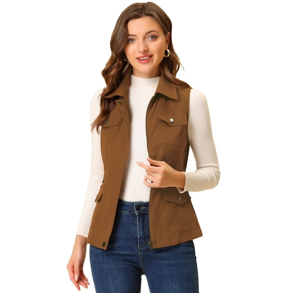 DARING DIVA Women's Travel Vest with Pockets Sleeveless Cargo Utility Vest L Brown