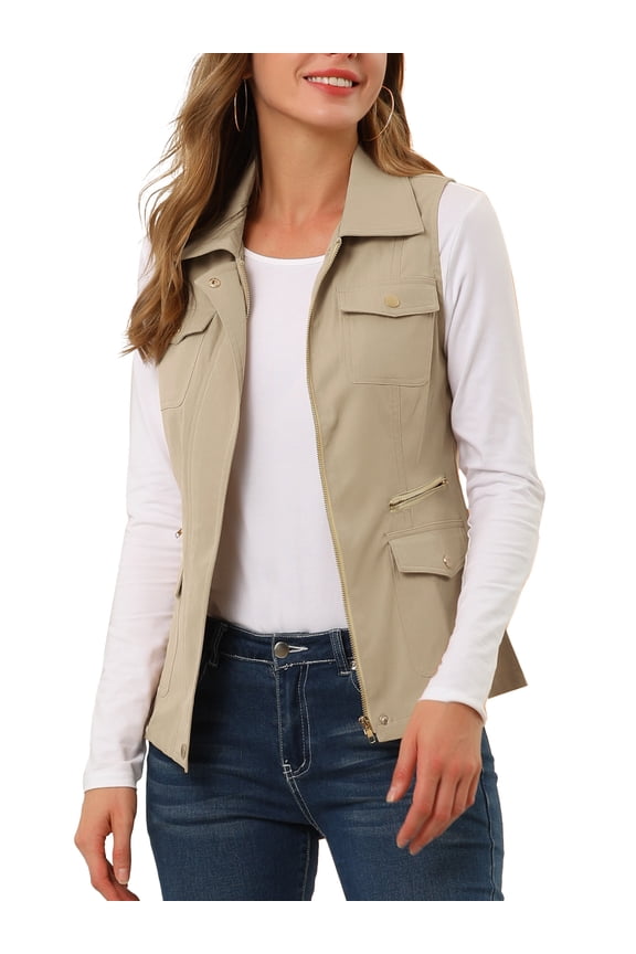 Women's Travel Vest with Pockets Sleeveless Cargo Utility Vest L Khaki