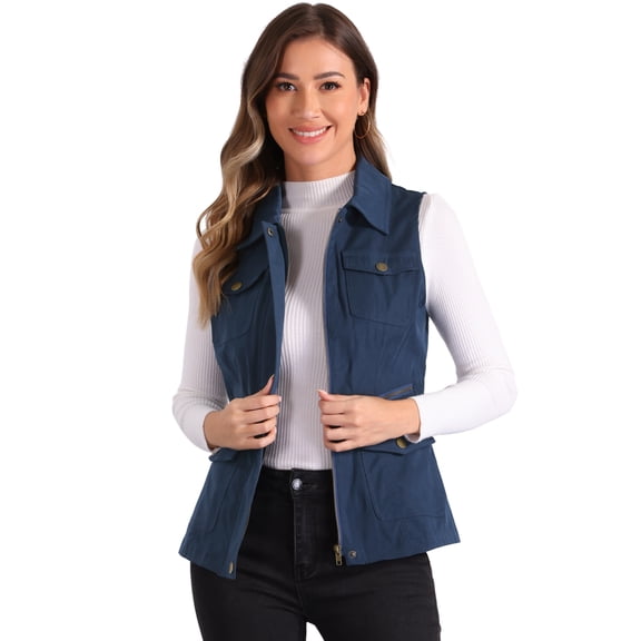 DARING DIVA Women's Travel Vest with Pockets Sleeveless Cargo Utility Vest L Navy Blue
