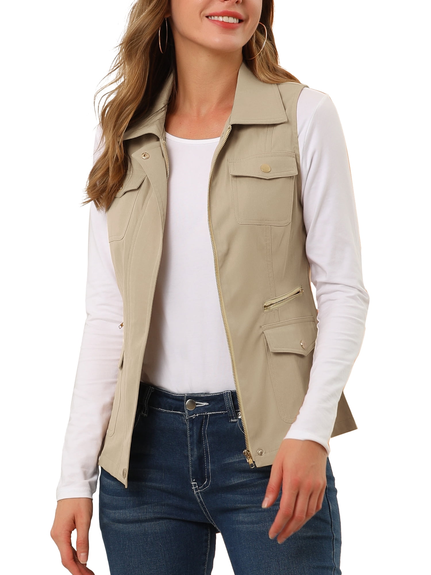 DARING DIVA Women's Travel Vest with Pockets Sleeveless Cargo Utility Vest M Khaki