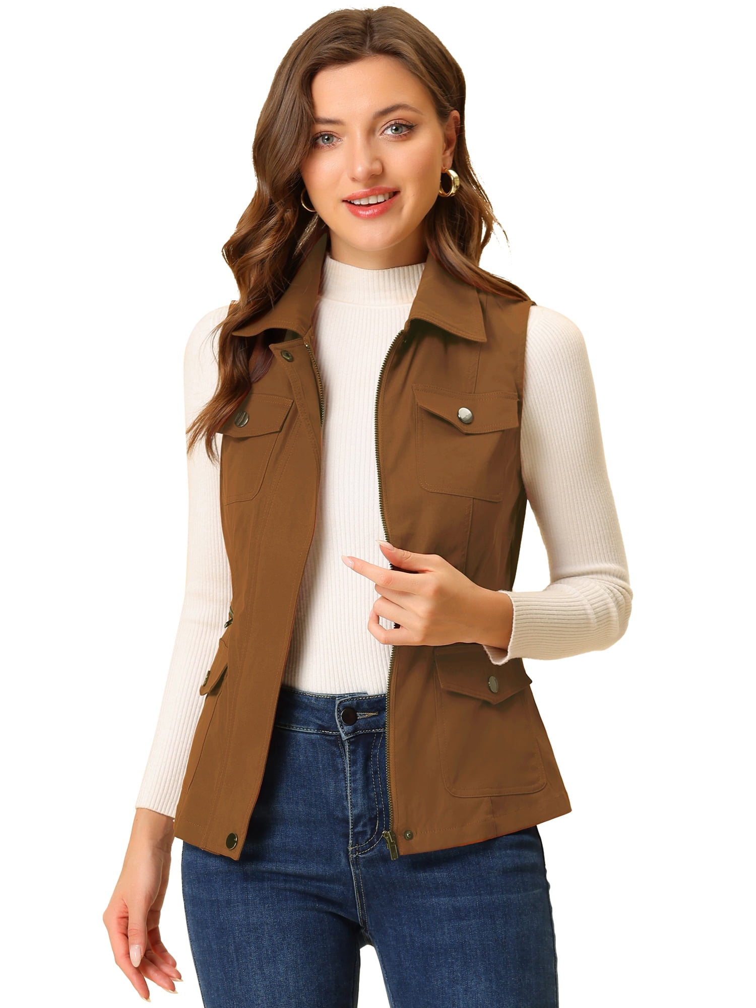 DARING DIVA Women's Travel Vest with Pockets Sleeveless Cargo Utility Vest XL Brown