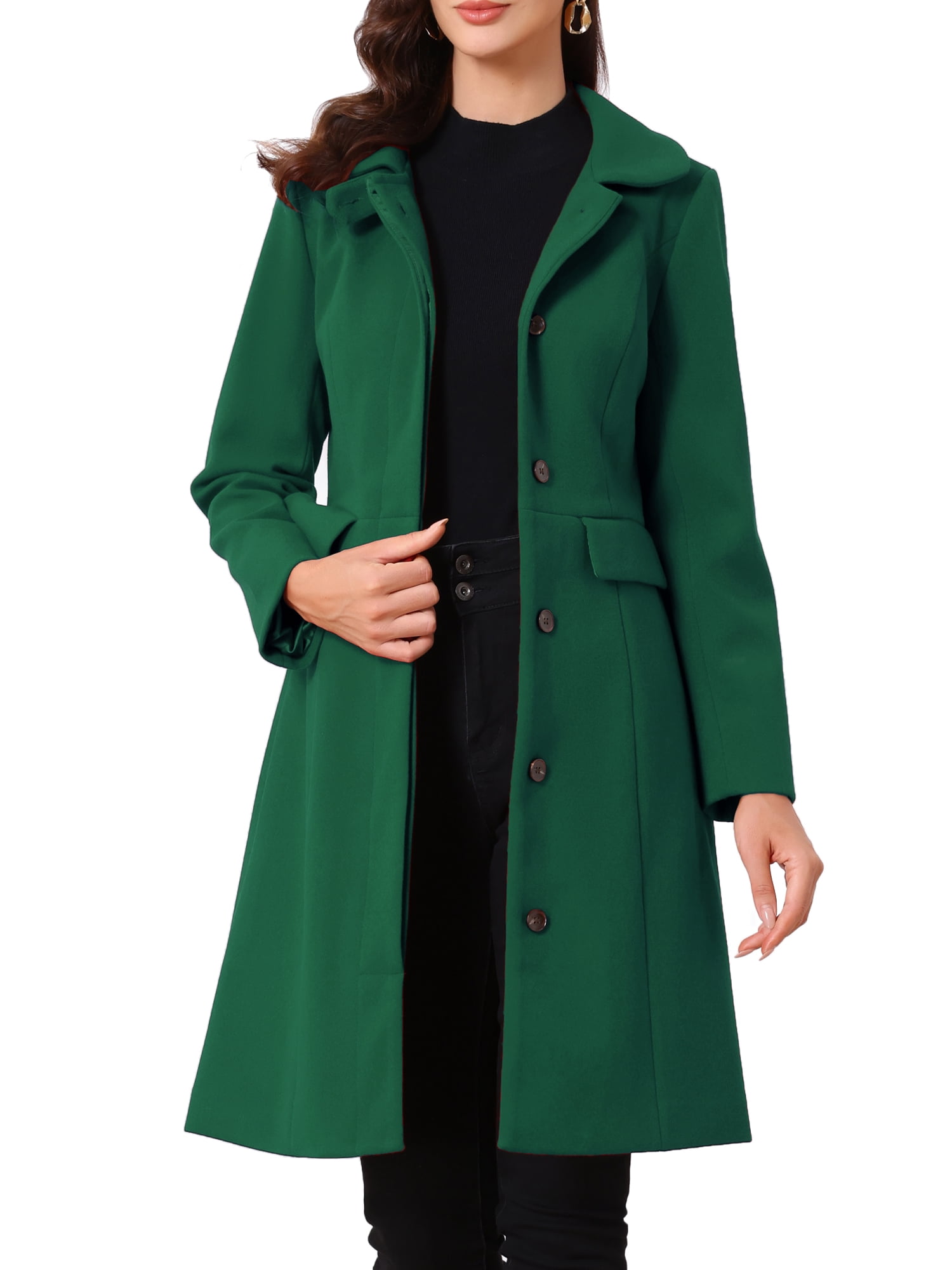 DARING DIVA Women's Trench Peter Pan Collar Single Breasted Long Pea Coat XL Dark Green