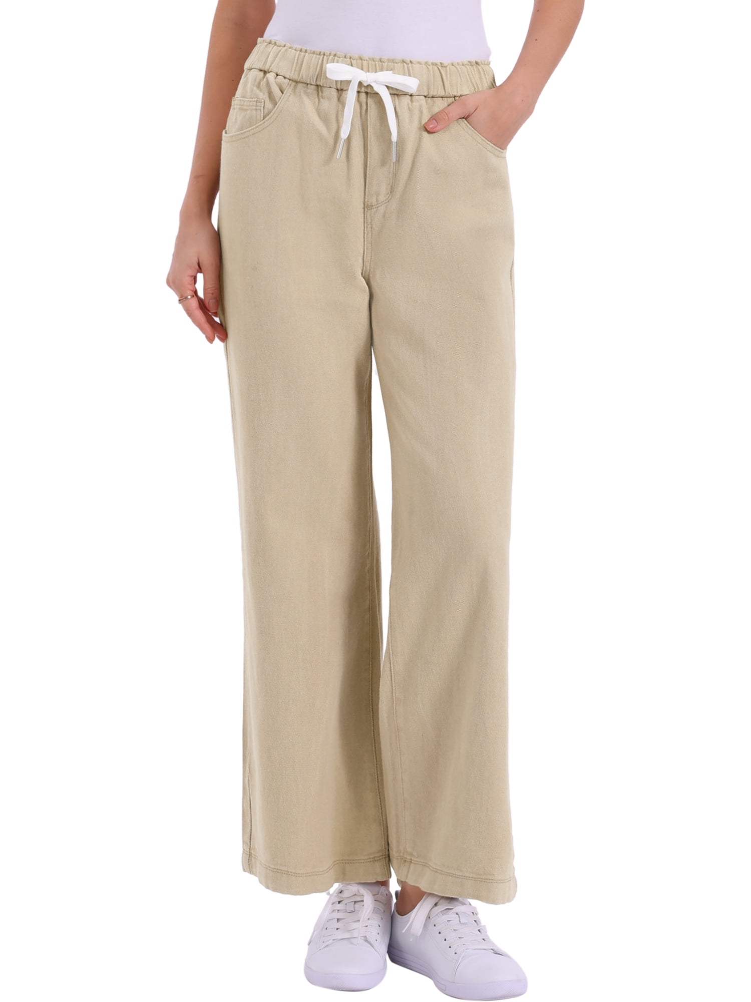 DARING DIVA Women's Trendy Elastic Waist Wide Legs Drawstring Jeans L Khaki