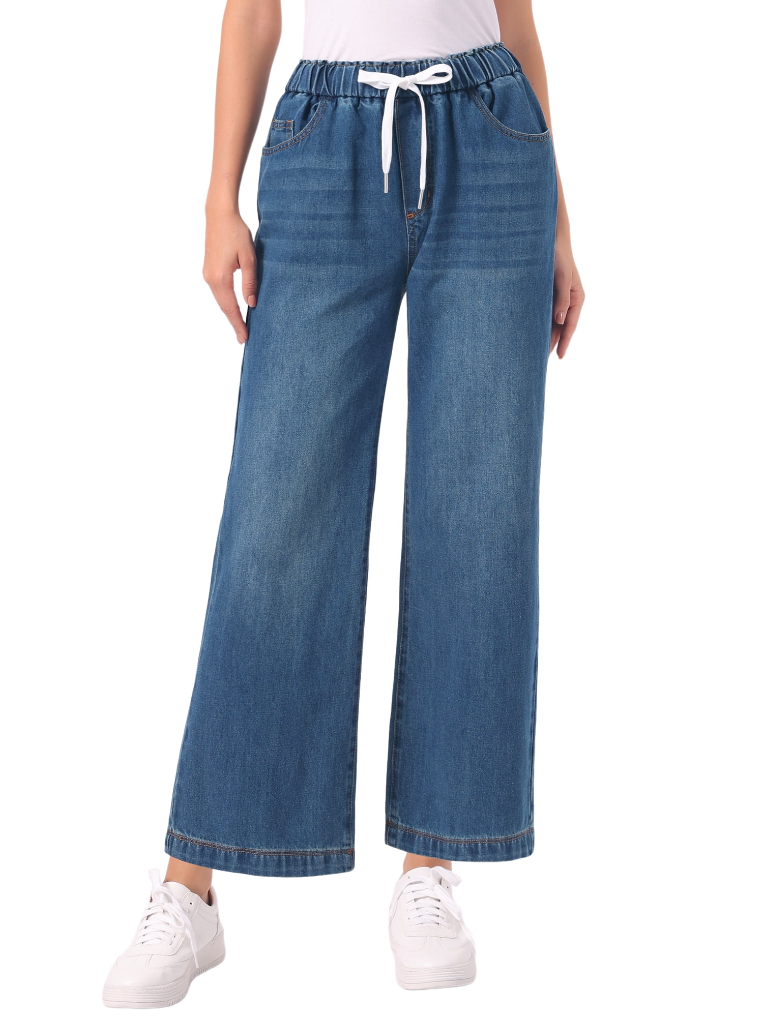 DARING DIVA Women's Trendy Elastic Waist Wide Legs Drawstring Jeans L Retro Blue