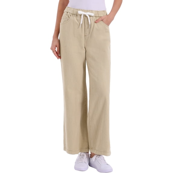 DARING DIVA Women's Trendy Elastic Waist Wide Legs Drawstring Jeans M Khaki