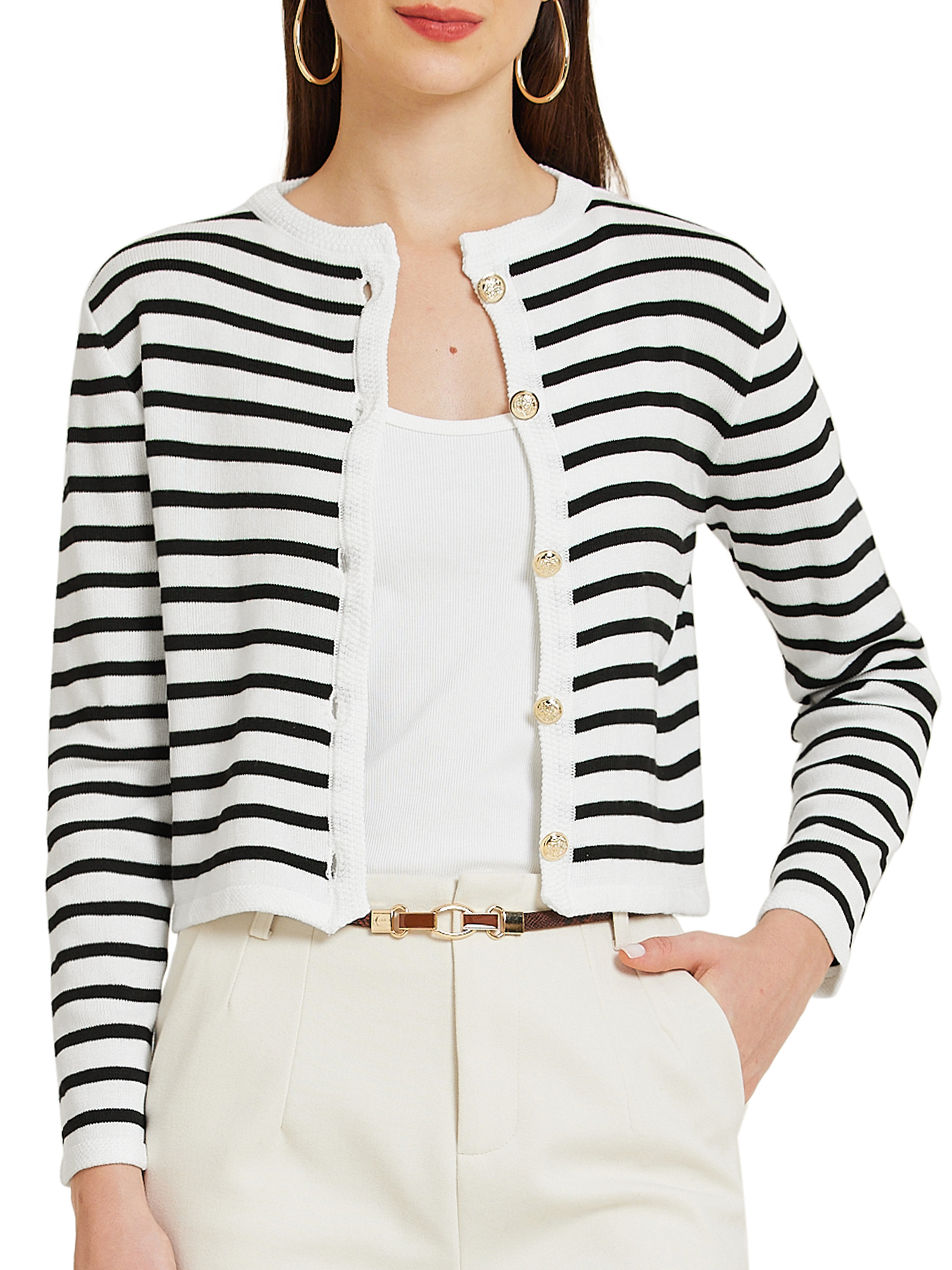DARING DIVA Women's Trendy Knit  Button Down Striped Sweater M White Black