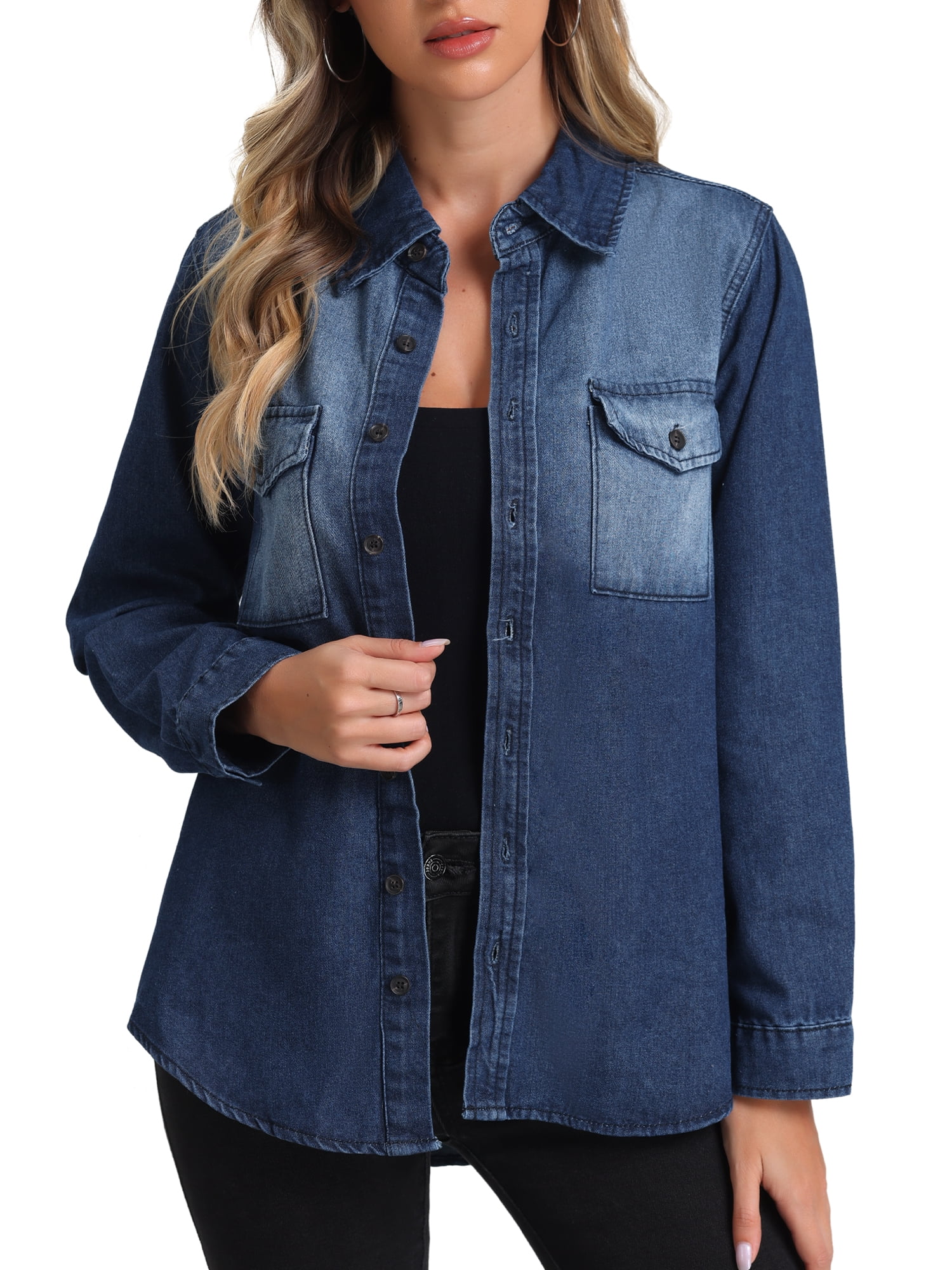 DARING DIVA Women's Trendy Long Sleeve Button Down Washed Denim Jacket L Blue