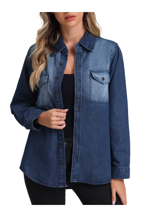 Women's Trendy Long Sleeve Button Down Washed Denim Jacket S Blue