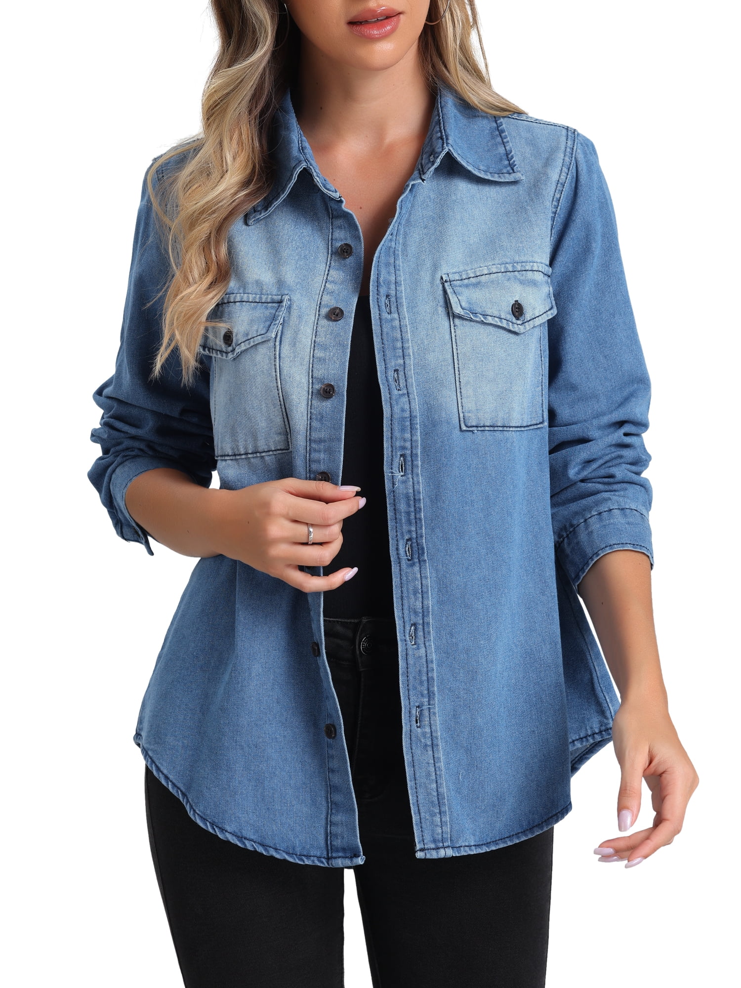DARING DIVA Women's Trendy Long Sleeve Button Down Washed Denim Jacket XL Light Blue
