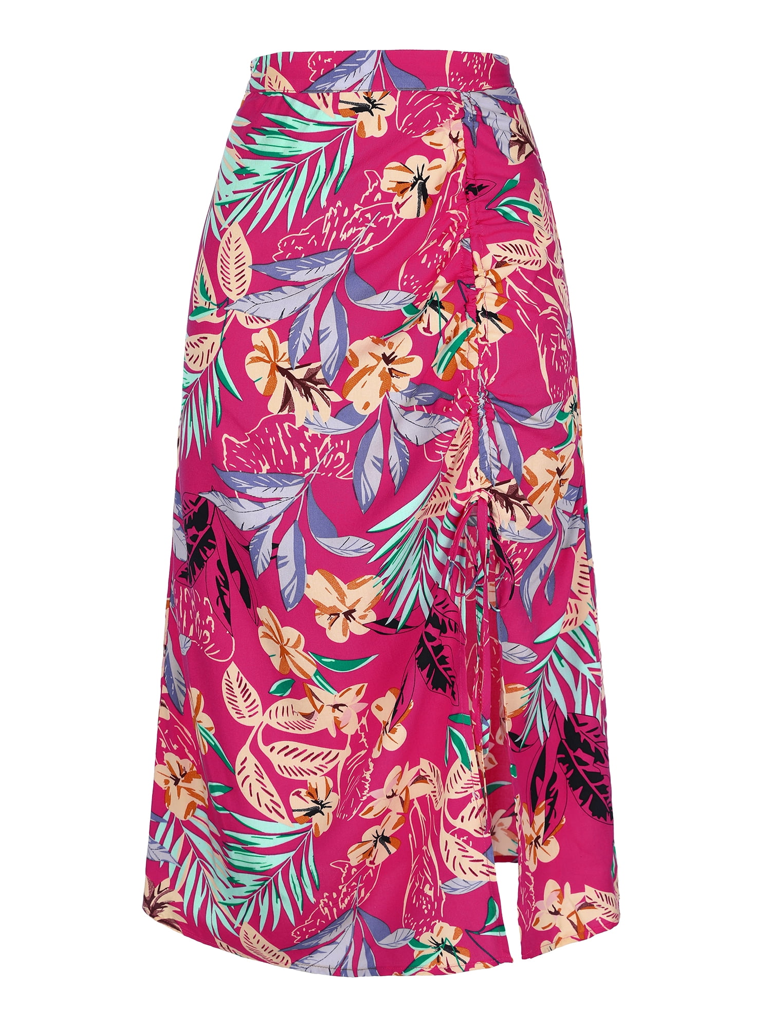 DARING DIVA Women's Tropical Beach Ruched Split Thigh Lightweight  Skirt L Hot Pink