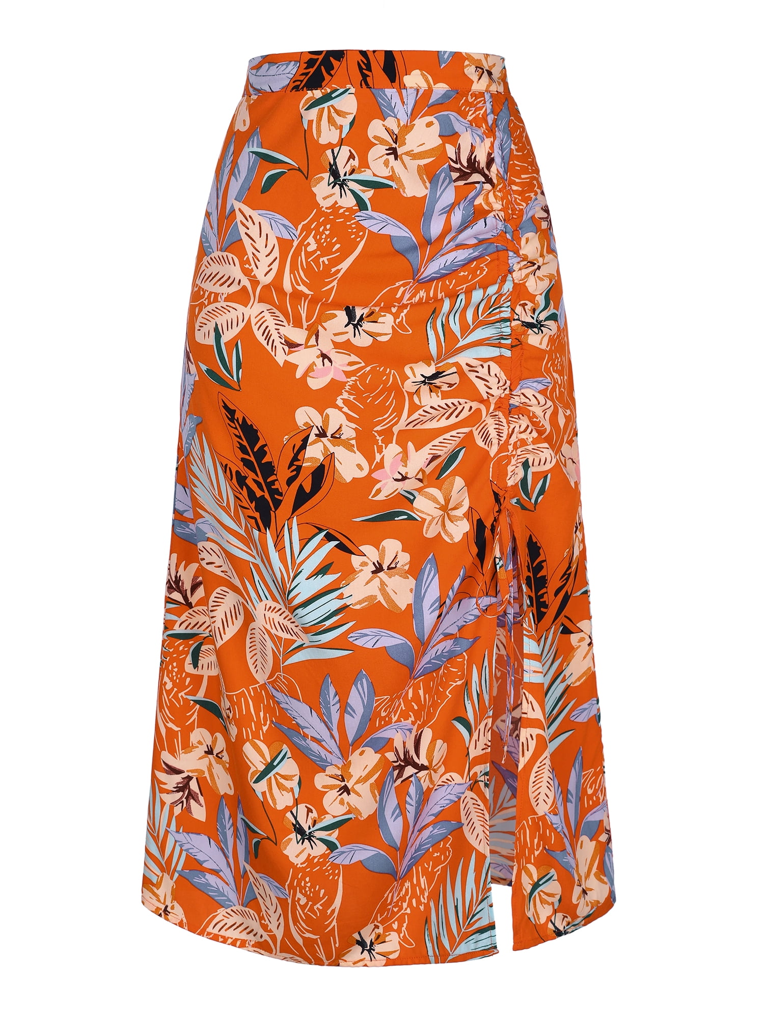 DARING DIVA Women's Tropical Beach Ruched Split Thigh Rayon Skirt M Orange Pattern 1
