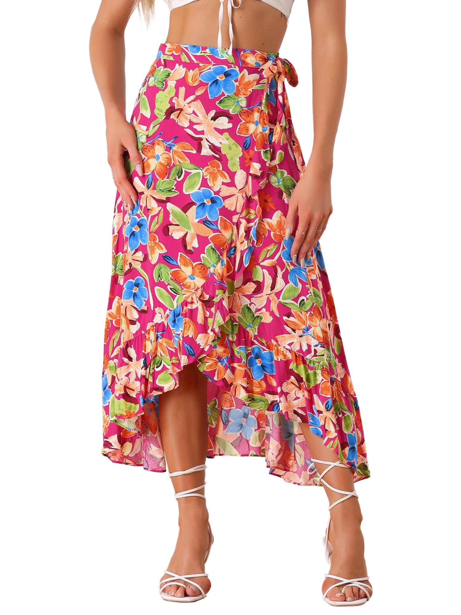 DARING DIVA Women's Tropical Floral Split Beach Hawaiian Wrap Skirt M Hot Pink