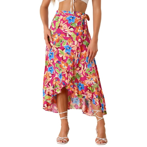 DARING DIVA Women's Tropical Floral Split Beach Hawaiian Wrap Skirt M Hot Pink