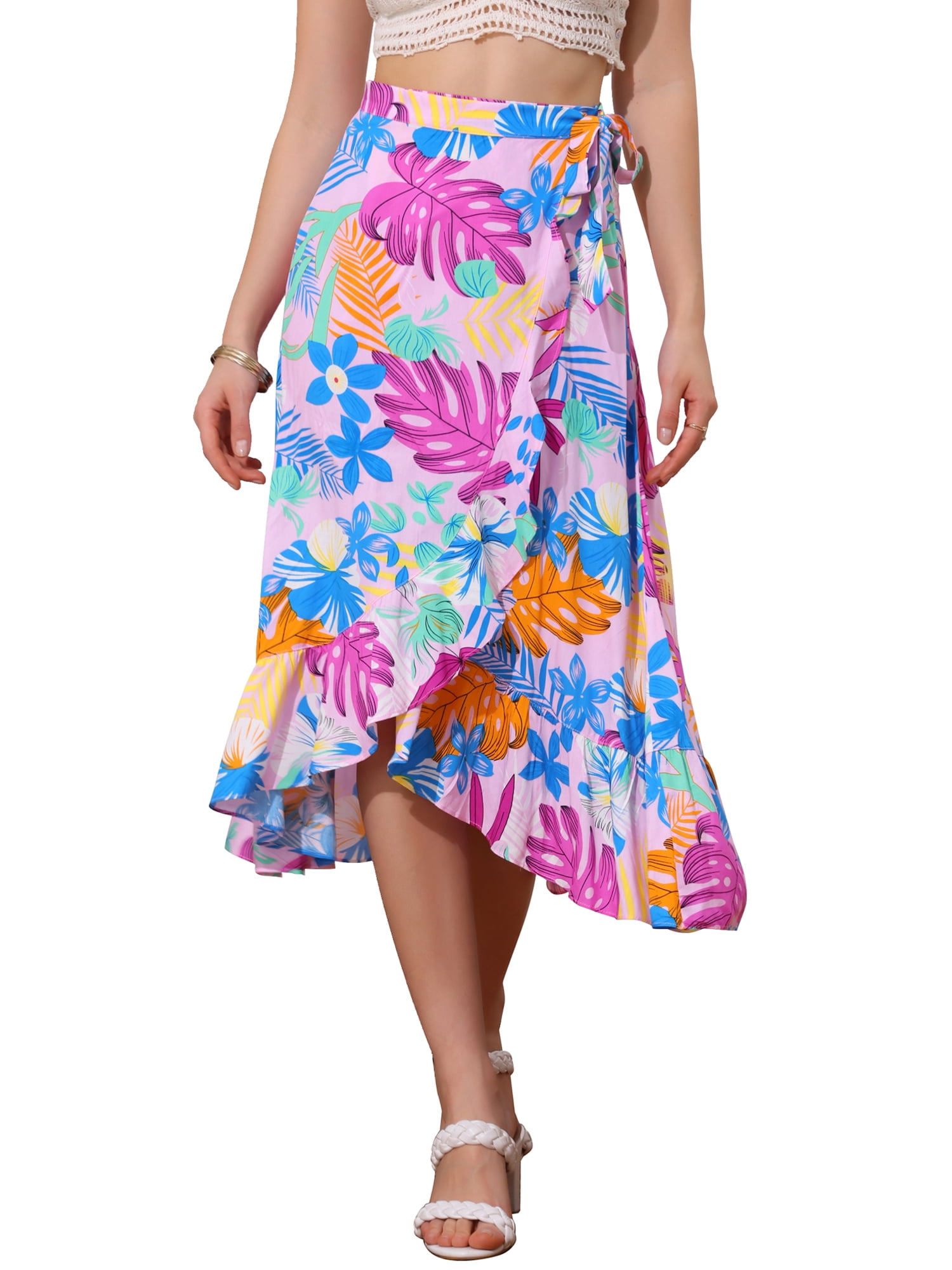 DARING DIVA Women's Tropical Floral Split Rayon Beach Hawaiian Wrap Skirt XL Pink