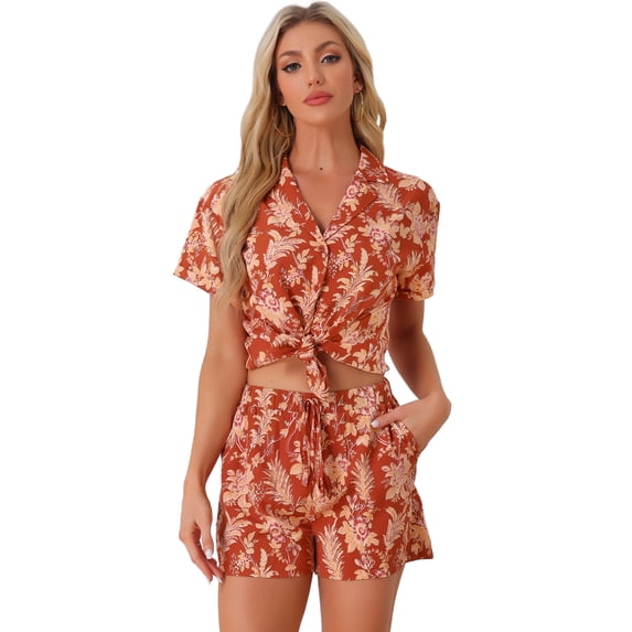 DARING DIVA Women's Tropical Summer Button Down Sets S Dark Red