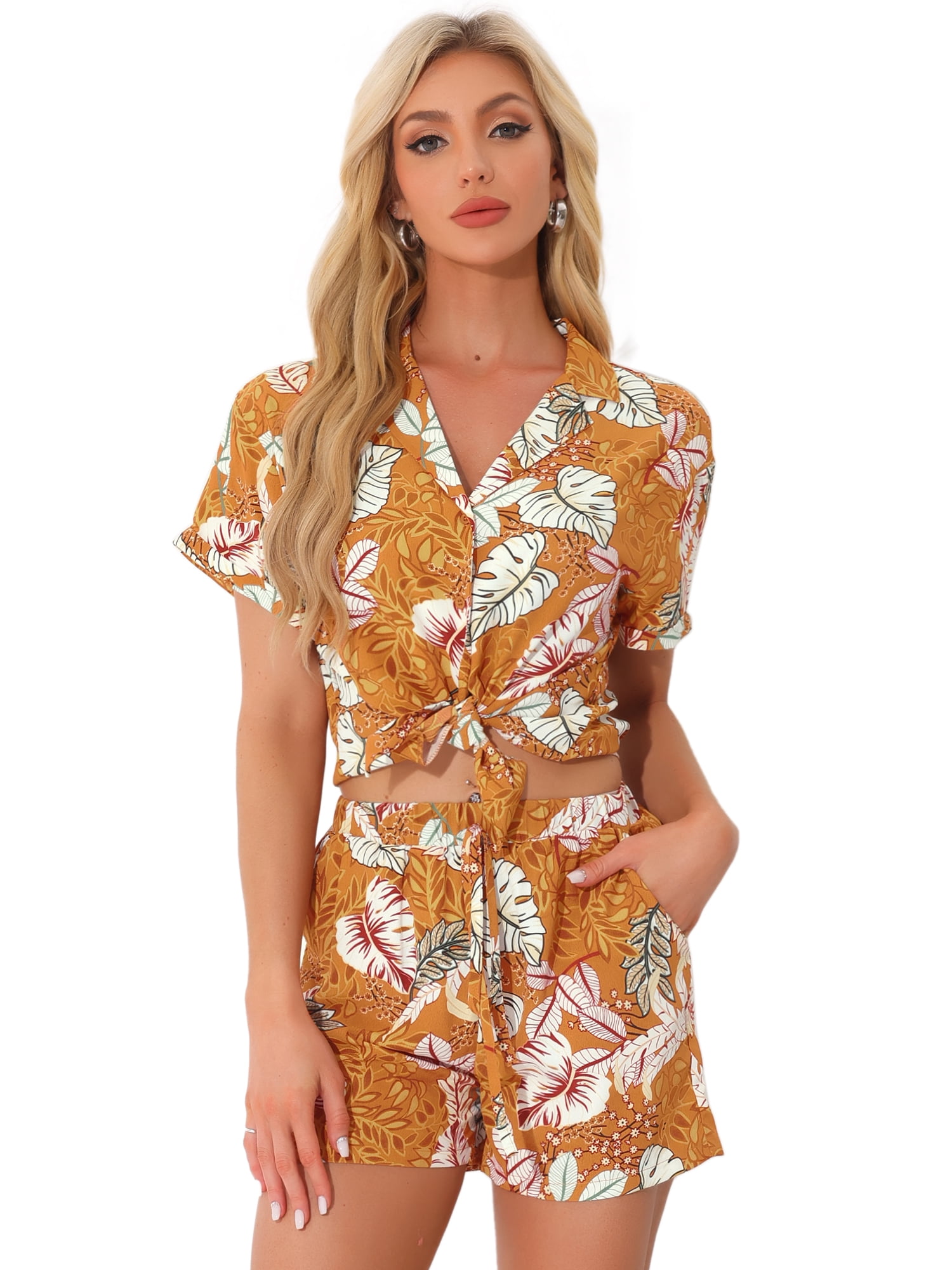 DARING DIVA Women's Tropical Summer Button Down Sets XL Orange