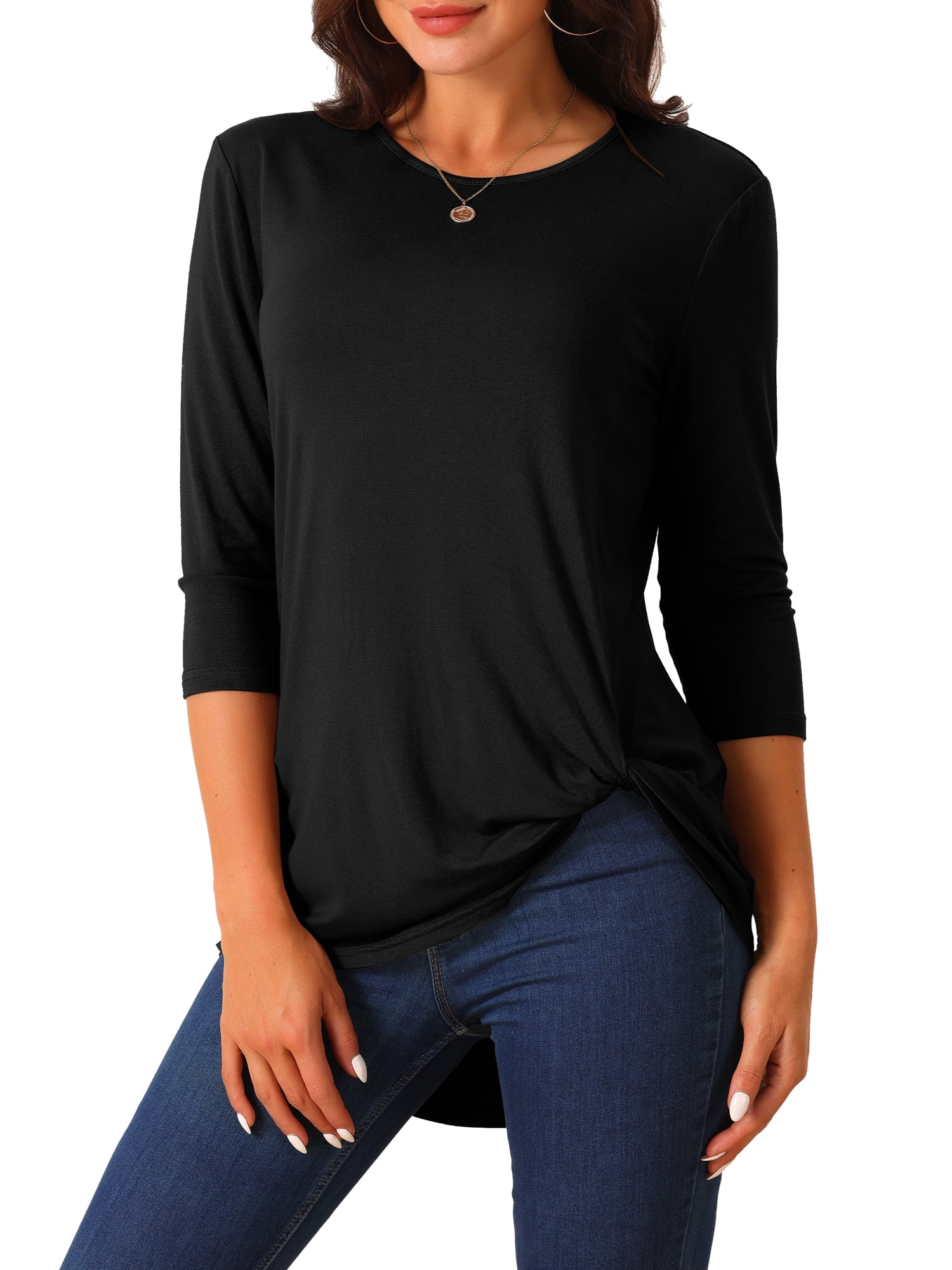 DARING DIVA Women's Tunic Top Crewneck 3/4 Sleeve Asymmetrical Blouse Black M