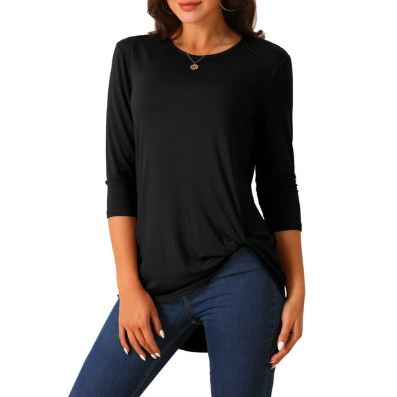 DARING DIVA Women's Tunic Top Crewneck 3/4 Sleeve Asymmetrical Blouse Black XL