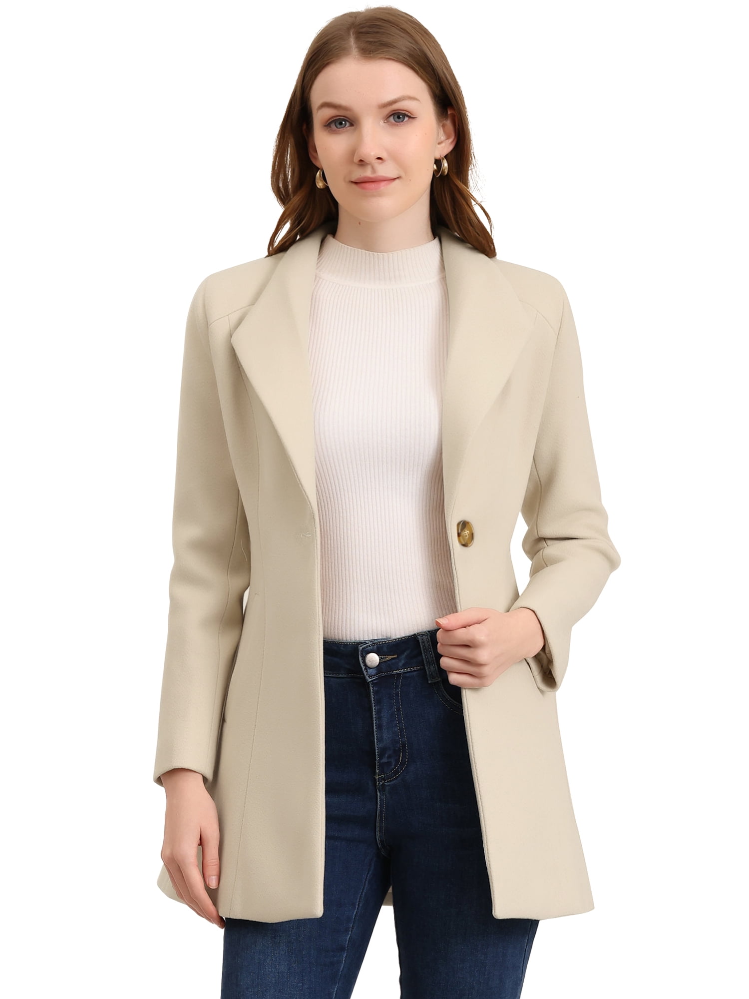 DARING DIVA Women's Turn Down Collar Buttoned Casual Mid-Long Winter Coat Beige 3XL